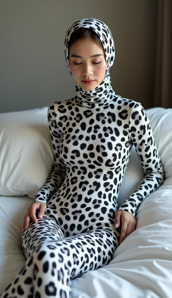 the beautiful,slender thin and clever Malaysian muslimah adult female girl with beautiful cheeks wears white colour leopard print lycra turtleneck unitard catsuit covered with black seamless spots and always wear white leopard colour print lycra elastane stretchy dance wear hijab covered with white leopard seamless spots.She sleeps on the bed.