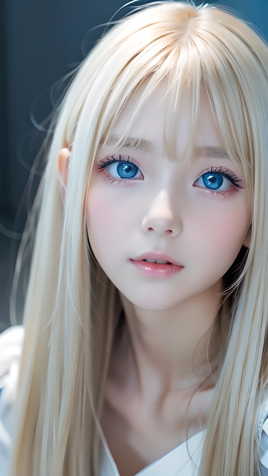 A perfectly beautiful face、Messy silky beautiful blonde hair、A beautiful 1 Scandinavian beauty、Very beautiful beautiful bright pale sky blue big eyes、Very long beautiful natural platinum blonde silky shiny hair、Long beautiful bangs、Very big eyes、Small Face Beauty、eyeliner、very white shiny skin、Gloss Face、Cheek gloss、Hair above the eyes、片Hair above the eyes、Hair between the eyes、
