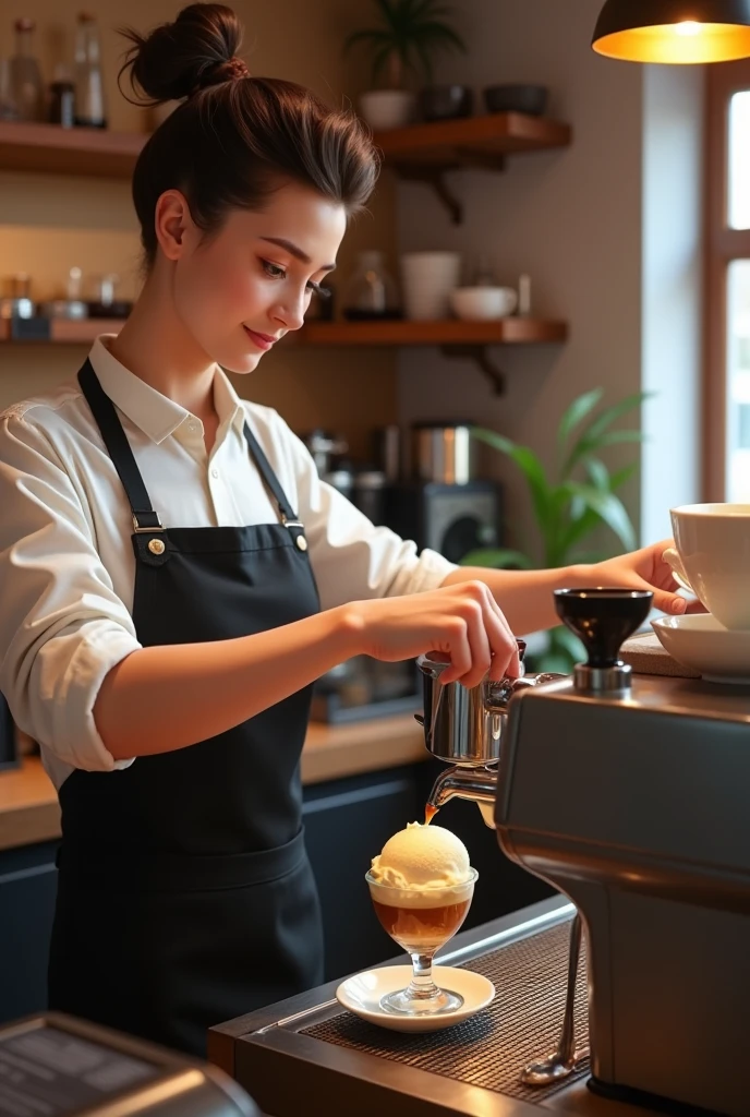 Barista good looking young Affogato espresso extraction coffee beans