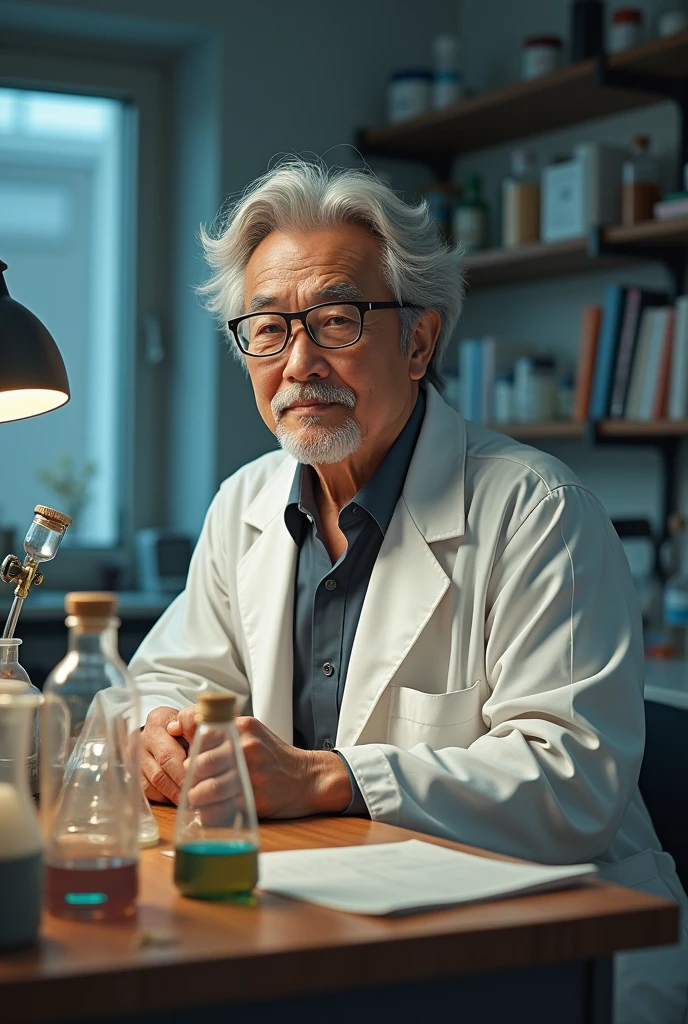 Dr. Pathorn Suthinnont in the Laboratory
character in mid Tall, with a scholarly demeanor. Wears a mix of traditional Thai clothing and modern academic attire, often seen with a well-worn lab coat and glasses perched on his nose. His hair is streaked with gray, and he carries an air of quiet authority.