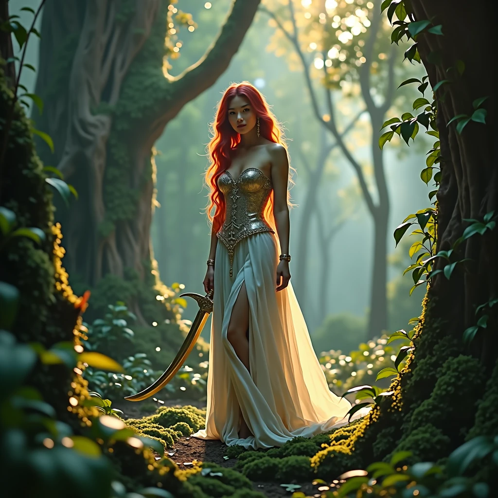 A serene and mystical forest, replete with ancient trees and soft, emerald undergrowth, serves as the backdrop for a captivating scene. A powerful warrior, curves accentuated by a strapless, floor-length gown adorned with intricate, metallic accents, stands resolute. Her porcelain skin glistens in the warm, golden light of a soft-box setup, illuminating her defined features and fiery red locks, which cascade down her back like a falling river of flame. Her sensuous lips curve into a subtle, triumphant smile, as she grasps a gleaming, curved sword in her right hand. The garment's V-neckline plunges, revealing a hint of toned shoulders. The surrounding foliage seems to glow, infused with an ethereal, soft-blue hue, courtesy of a subtle, color grading process. A warm, daylight film stock, with a subtle, organic film grain, lends an air of cinematic authenticity to the scene. The lens, with a subtle, " Personality" attachment, captures the curves and texture of the forest surroundings, imbuing the scene with visual depth and dimensionality. The atmosphere is tranquil, with the sound design subtly incorporating the soft rustling of leaves and distant, mystical chanting. In the distance, a faint, crescent moon hangs low in the sky, casting an additional, soft glow over the environment.