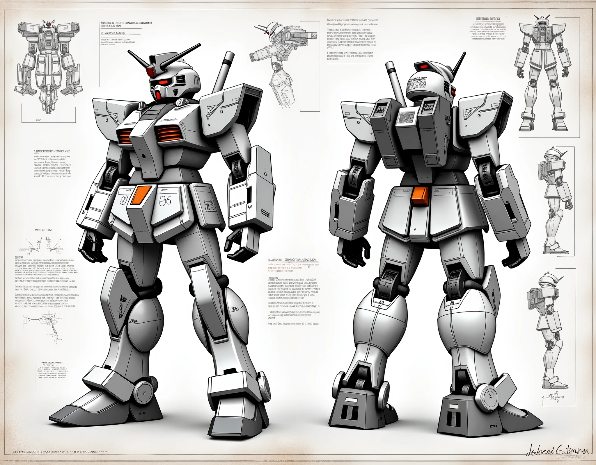 (masterpiece:1.2,Exceptional Quality,mirror-like,Cinematic Experience,Photorealistic:2.0,RAW Photos:2.0,Super detailed),8k,wallpaper,,(Writing with pencil:2.0),(Hard Edge:2.0),(Robot blueprint:2.0),(Draw the front and back views:2.0),(機動戦士Gundam:2.0),(Gundam),(RX78-2:2.0),(Twin Eye:2.0),(Avant-garde mechanical design:2.0),(Drawing detailed blueprints:2.0),(Numerous notes about the settings:2.0)
