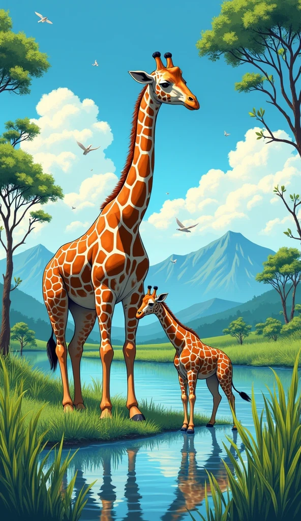 A realist anime giraffe standing the green grasses(far and wide angle view) with mountain background and drinking water with its baby, with acacia trees and a clear blue sky in the background and with water lake near, birds flying and butterflies . Hawaii illustration , reteo comic illustration