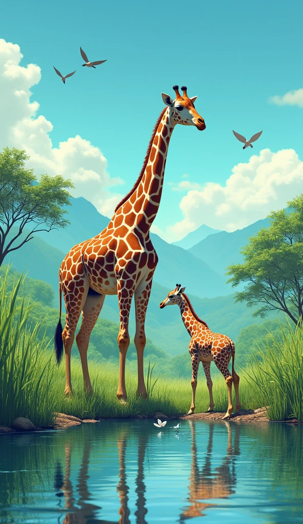 A realist anime giraffe standing the green grasses(far and wide angle view) with mountain background and drinking water with its baby, with acacia trees and a clear blue sky in the background and with water lake near, birds flying and butterflies . Hawaii illustration , reteo comic illustration