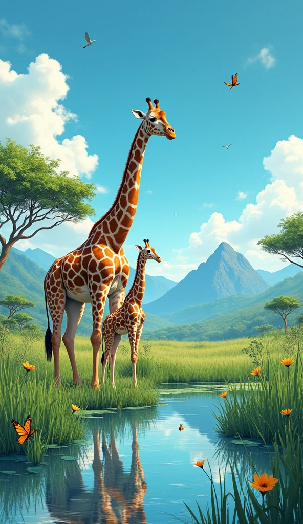 A realist anime giraffe standing the green grasses(far and wide angle view) with mountain background and drinking water with its baby, with acacia trees and a clear blue sky in the background and with water lake near, birds flying and butterflies . Hawaii illustration , reteo comic illustration