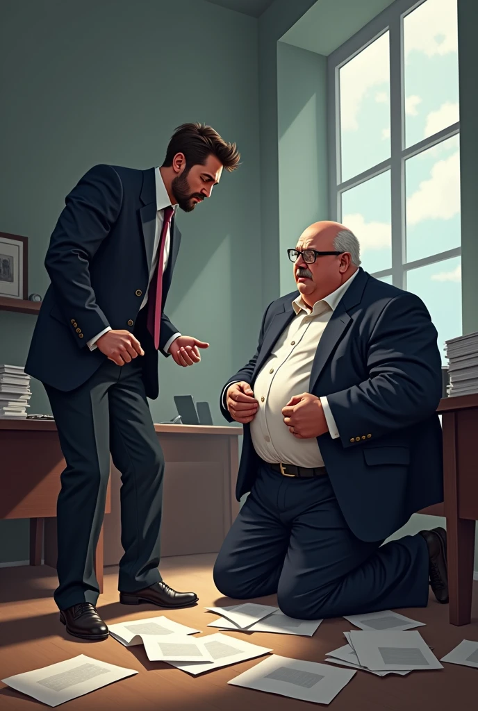 A young lawyer making fun of another fat lawyer, tearing up their work into sheets, making him kneel while the other mocks him, Let the image show everything