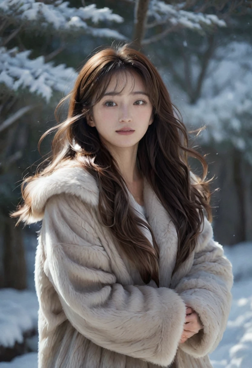 (mesa、of the highest quality、8k、Award-winning works、ultra high resolution)、a beautiful japanese woman、(thick and large fur coat:1.3)、(A high-qualHey coat filled wHeh fluffy fur:1.2)、Brown hair、(long wavy hair:1.1)、Great cinema lighting.、(The most romantic and moody atmosphere.:1.1)、winter、snow scene、He'It's snowing、(Walking in the snow in Northern Europe:1.1)、look at me、(very big breasts:1.1)、blurred background、precise anatomy、Cabello ultra HD、ultra high resolution for perfect, beautiful teeth、Ultra High Definition Facial Beauty、Cabello ultra HD、ultra high resolutionの輝く瞳、bright, ultra high resolution beautiful skin、ultra high resolutionの艶やかな唇、(Closeup of face:1.1)、(Elegant round glasses:1.1)