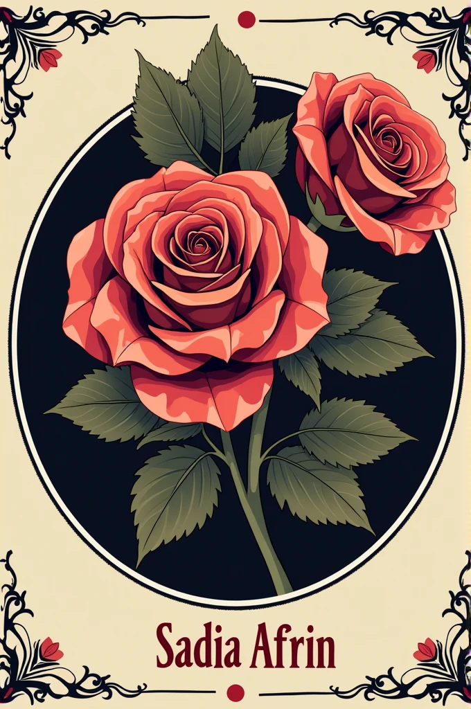 Please make a name plate of Sadia Afrin with rose, bold and stylish font, round shape. I need name plate like book cover. Keep this style. Make circle shape . Whole picture in circle shape . Change font style