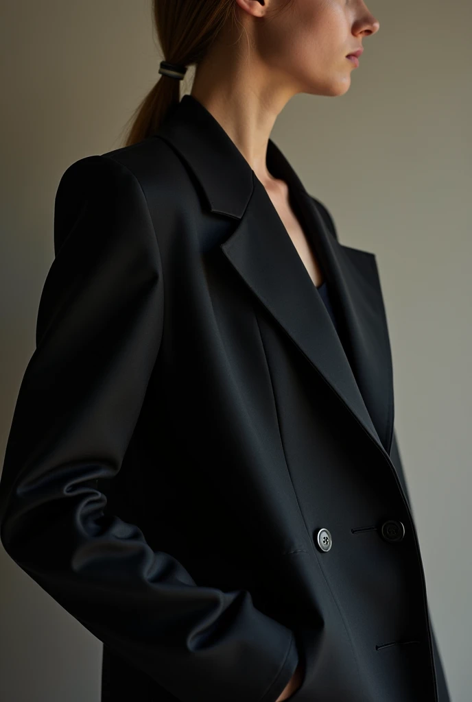 I want a black, elegant, luxury jacket hanging on a hook made from environmentally friendly materials and up close so you can see the material much closer so you can see the fibers more closely a model posing with the same jacket