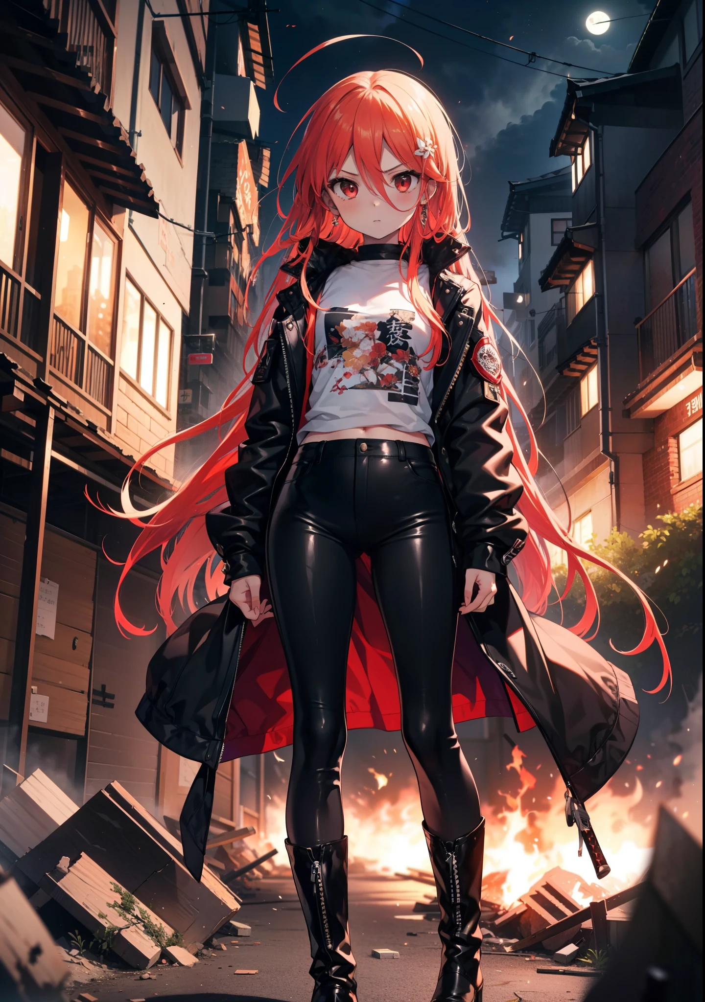 Shana,灼眼のShana,Long Hair, Redhead, Red eyes, Ahoge,Small breasts,Serious face,Black rider jacket,black t-shirts,Leather pants,boots,rubble,The town is collapsing,Explosive flame,A long Japanese sword engulfed in flames:One is stuck in the ground,night,moonlight,Are standing,whole bodyがイラストに入るように,　　　　　　　　　　　　　break outdoors, construction area,　　　　　　　　　　　　　　　break looking at viewer, whole body, 　　　　　　　　break (masterpiece:1.2), Highest quality, High resolution, unity 8k wallpaper, (shape:0.8), (Beautiful attention to detail:1.6), Highly detailed face, Perfect lighting, Highly detailed CG, (Perfect hands, Perfect Anatomy),