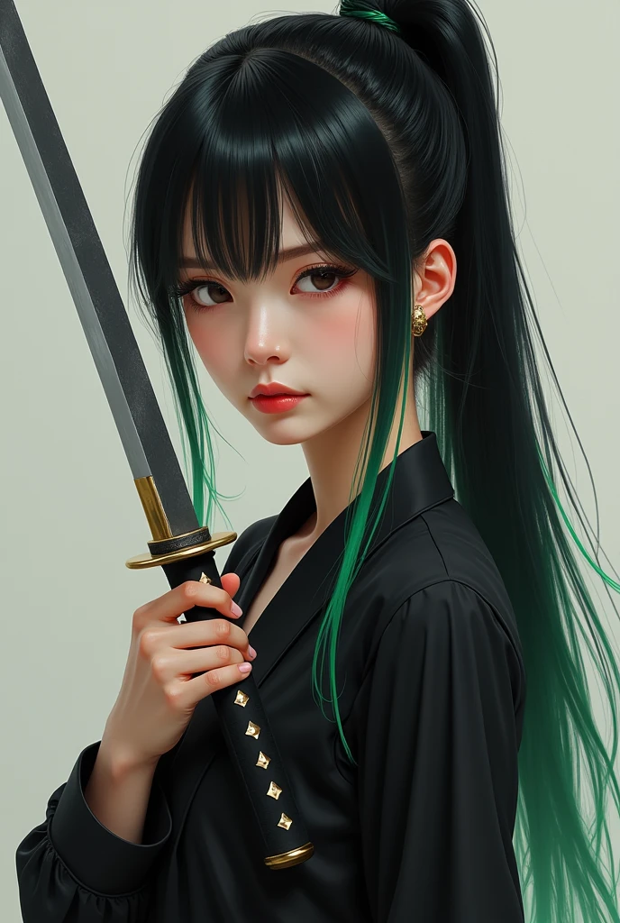 Fille réaliste avec une chemise noire, cheveux long attaché noir avec des pointes vertes, avec un katana à la main, piercing au nez