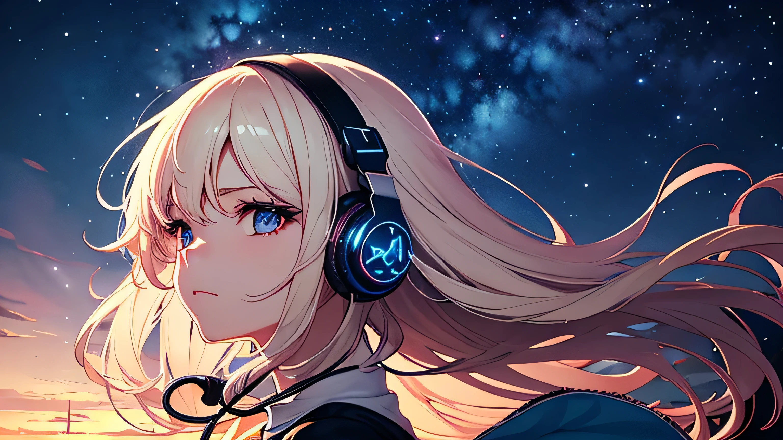 Absurd, High resolution, (Official Art, beautifully、aesthetic:1.2), Close-up, Bright Sky, A vast world, , Hair blowing in the wind, Wear headphones, stare, Awe-inspiring expressions, Night Cafe, Starry Sky, neon, Natural Beauty, Inspiration, Light effects,