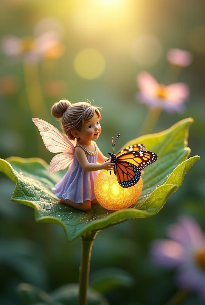 A delicate little fairy with wings shimmering in hues of lavender and gold standing atop a lush, emerald leaf. Her miniature frame is dressed in a garb made of gossamer threads that dance with the soft breeze. The fairy's features are intricately detailed, with a kind smile and sparkling eyes that reflect the warmth of the sun. With a gentle touch, she holds a pair of gossamer wings in her hands, aiding a vibrant butterfly as it struggles to free itself from the confines of its cocoon. The cocoon, a masterpiece of nature, is woven from a silken thread and glows with an ethereal light, hinting at the transformation within. The butterfly, a riot of colors—orange, black, and electric blue—strains to escape, its new wings still crumpled and damp. A sense of anticipation fills the air as the fairy carefully supports the creature, ensuring that it emerges unscathed. Around them, the scene is set in a serene garden, with dewdrops glistening on petals and a kaleidoscope of other butterflies flitting in the background, creating an atmosphere of harmony and rebirth. The early morning sun pierces through the leaves above, casting dappled light that illuminates the fairy and her charge, painting them in a warm, inviting glow. The vividness of the colors and the intricate detail of the scene bring to life the magical moment of metamorphosis, a symbol of hope and new beginnings.