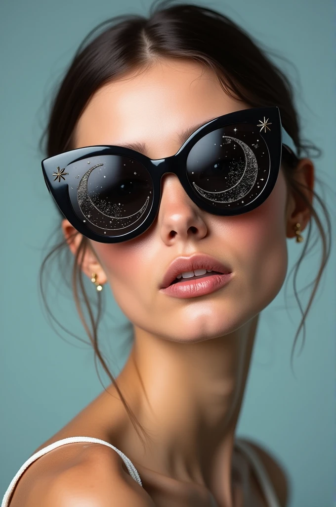 The model is wearing glass sunglasses with stars and the moon on the glass