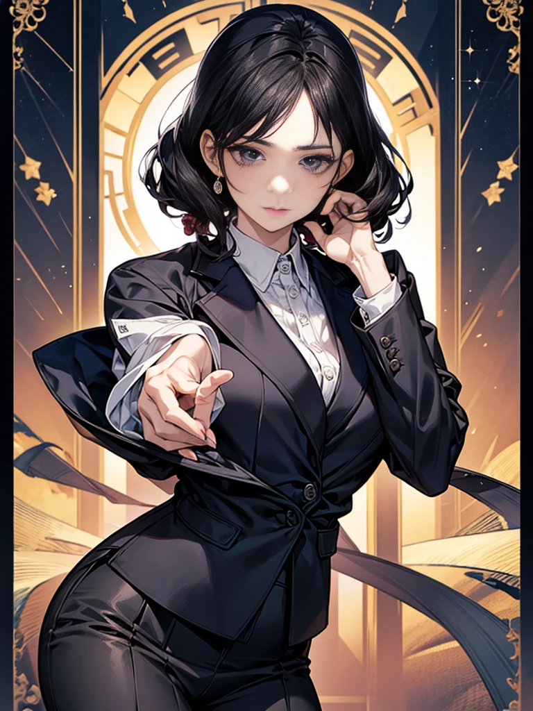 One adult woman with narrow eyes,career woman,Office Lady,pants suit,Jacket,ribbon,Tight skirt,pumps,lawyer,cool,gauze, Chanel,Forehead,Anatomically correct, accurate, masterpiece, Highest quality, Winner of numerous awards, Textured skin, retina, retina, Black Hair, Half-up hairstyle, solemn, Column Lineup,Cinematic light effects, Anime Style, Japanese illustration style, Half-up hairstyle, Very adult