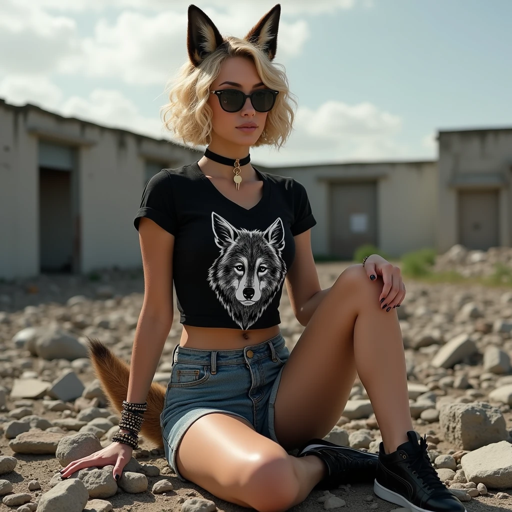 1 woman, Short curly blonde hair, athletic, big and toned legs, huge breasts, Black t-shirt above the navel with white wolf print, Sunglasses, fox ears, Fox tail, skinny jean shorts, black puma tennis shoes, spiked bracelet, dog collar on the neck, sitting on a pile of rubble, In the background an abandoned building 