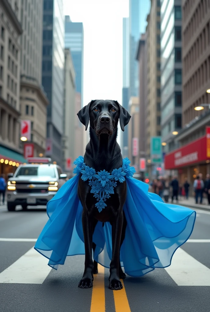 Black dog standing in the city road in blue dress