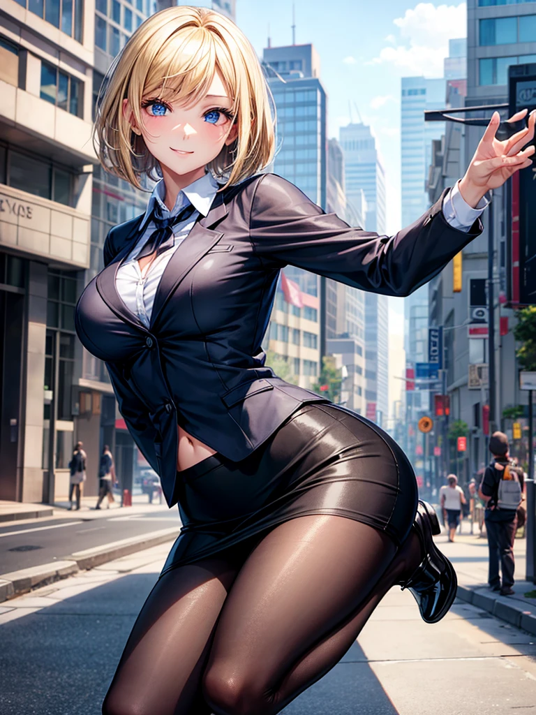 Anime style, super fine illustration, highly detailed, beautiful detailed, perfect detailed, super high quality image, static representation, gentle expression, happy expression, the pretty image, 8k, pretty 1girl with blonde straight short hair & blue eyes & a bright smile & full bust & soft fair skin is a female secretary not to show her skin wearing the business shirt & vest & black tight skirt & black pantyhose on the urban business buildings street, in the morning, happy stories, solo, perfect fingers, no more fingers, no less fingers, perfect arms, no more arms, perfect legs, no more legs, no more hair, masterpiece.