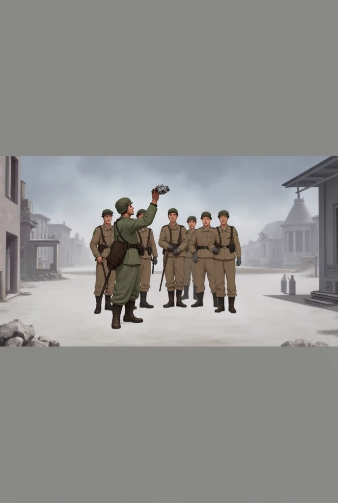 Use the face at the image German soldier in World War II taking a photo with other soldiers