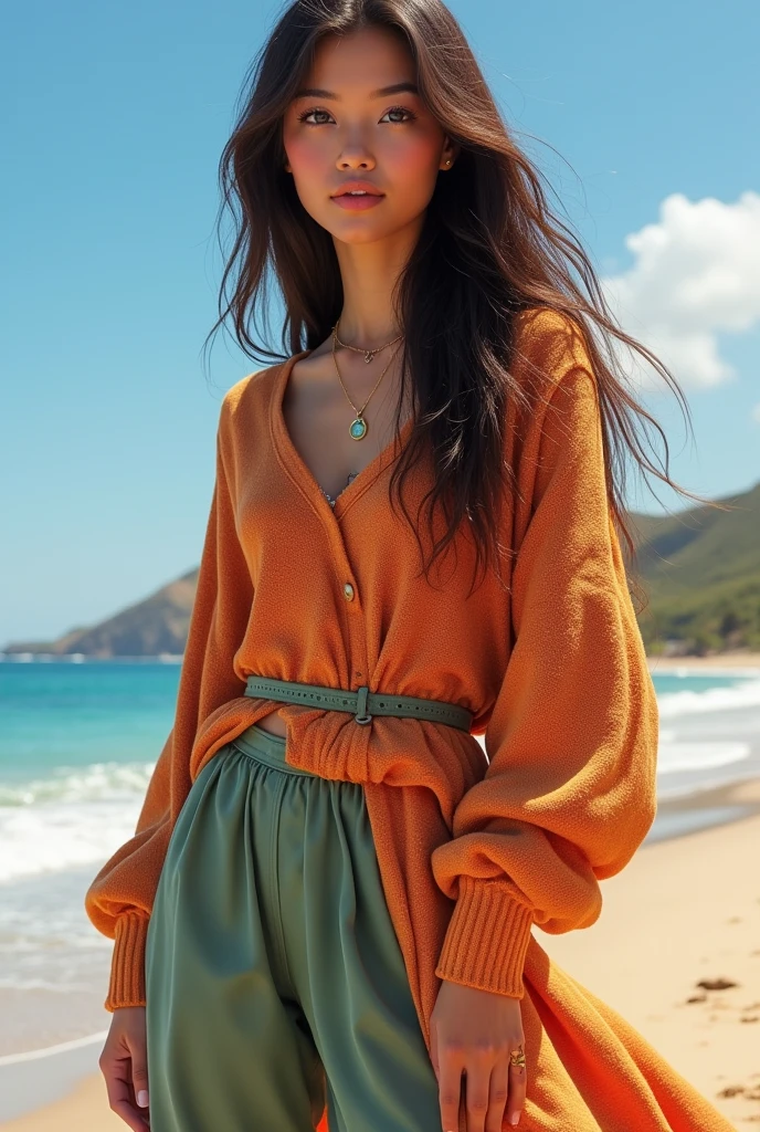 1girl in, age 25, Square face, Long hair, Looking at Viewer, jewelry, Realistic, A skirt, sweater outfits, multicolored outfits, beach background, free pose