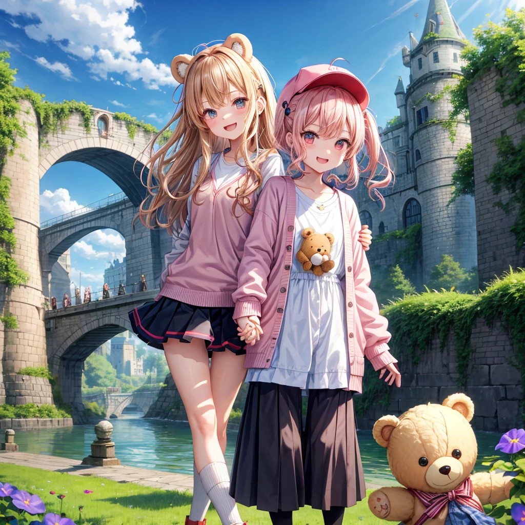 Pink Blonde、Red eyes、Wavy Hair、Hair tied up、Two cute、Checked mini skirt、black t-shirts、cardigan、Knee-high socks、bear ears baseball cap、Teeth are visible、Monster Castle、Tilting face、crossing the bridge、hazakura、windmill、grass、Stones are growing out of the ground.、Holding hands with a teddy bear、Morning glory is blooming.、In front of the city gates、clock、Underground tunnels、Waterway、Small boat