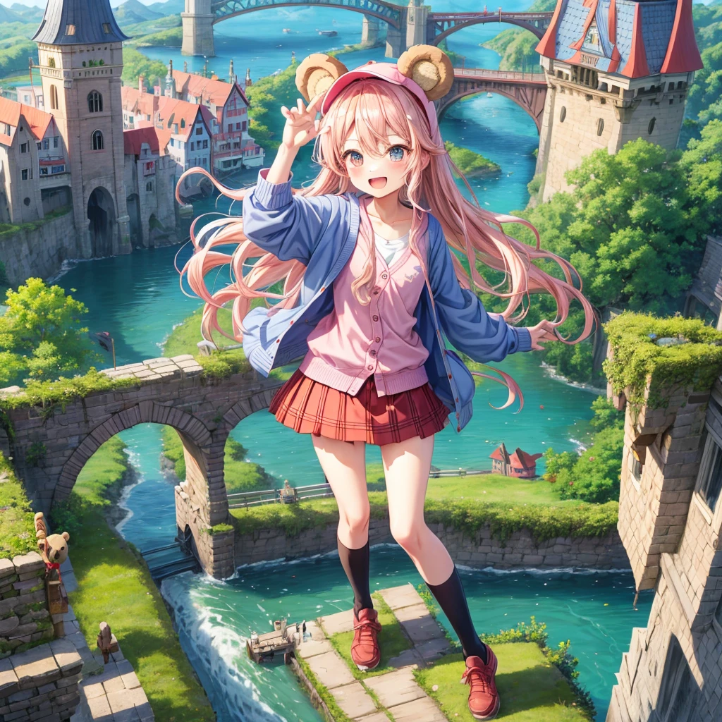 Pink Blonde、Red eyes、Wavy Hair、Hair tied up、Two cute、Checked mini skirt、black t-shirts、cardigan、Knee-high socks、bear ears baseball cap、Teeth are visible、Monster Castle、Tilting face、crossing the bridge、hazakura、windmill、grass、Stones are growing out of the ground.、Holding hands with a teddy bear、Morning glory is blooming.、In front of the city gates、clock、Underground tunnels、Waterway、Small boat