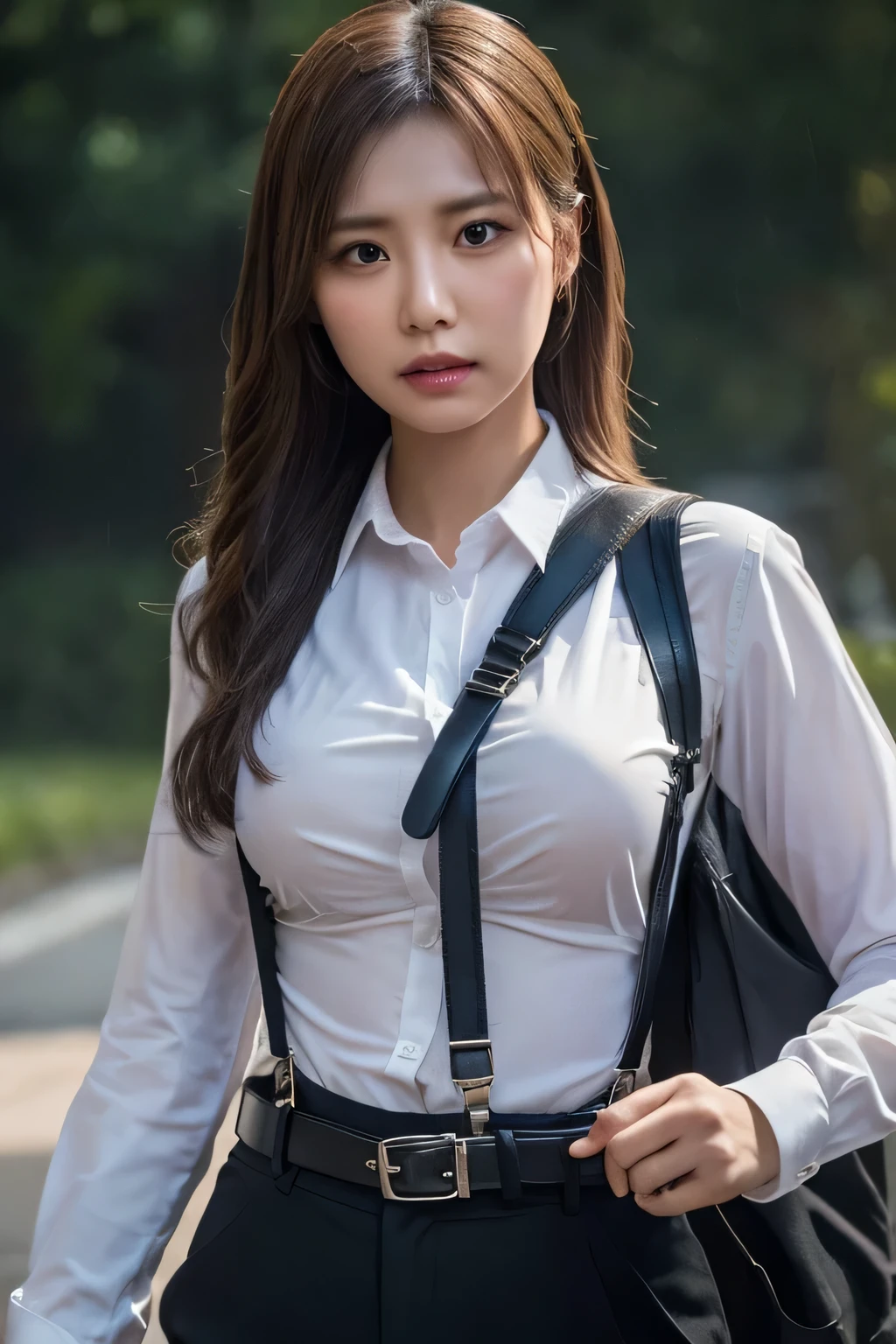 a woman in a suit, belt, hands behind back, sweating, suspenders, black pants, sexly, large breasts, see-through clothing, rain, detective, office worker, white button-up shirt, (best quality,4K,8k,highres,masterpiece:1.2),ultra-detailed,(realistic,photorealistic,photo-realistic:1.37),hyper-detailed,highly detailed face and body, Slender　thin　suspenders　Moderate breasts　See-through shirt　Nipples　holster　chain　Pistol　Armament　criminal　Female criminal　knife

