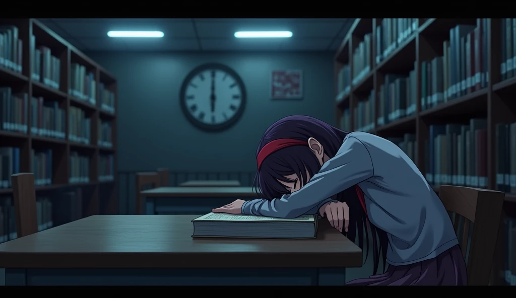 The library is completely silent, with only the ticking of a wall clock breaking the silence. May ((A female student with long, dark purple hair that reaches the middle of her back. She always wears a red headband)). She sits at a reading table, her eyes focused on the thick book in front of her. She starts to feel drowsy and dozes off, her head resting on the table. As she sleeps, darkness slowly envelops the library, and shadows begin to move in the dark. The overhead lights flicker slightly.