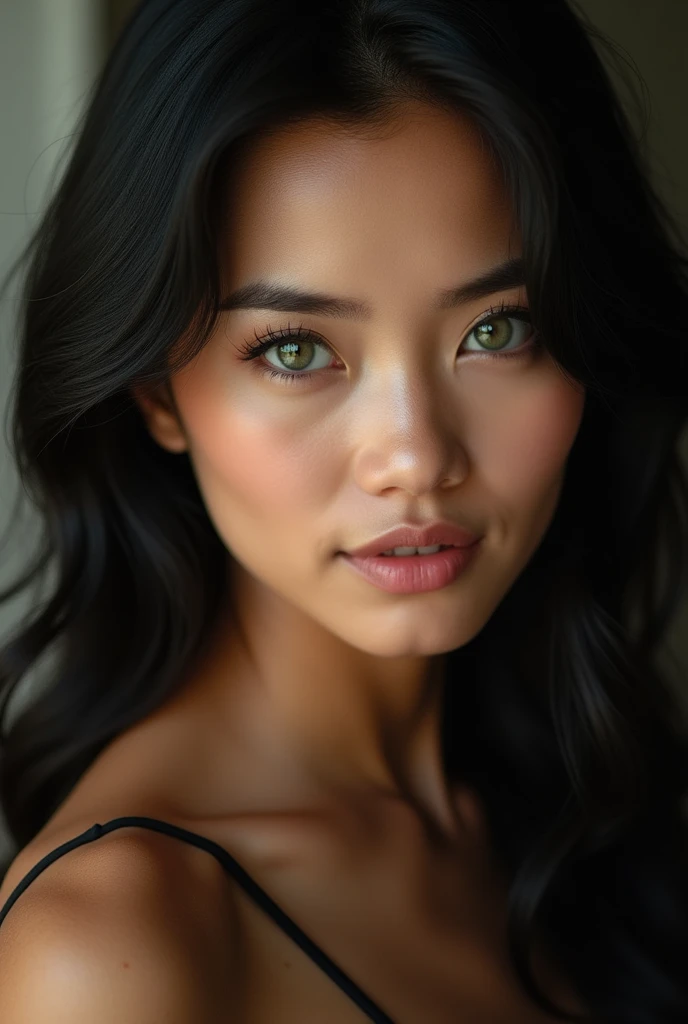 thai woman photography, black hair , yeux verts, Belle, regard charmeuse, Three bronze peaux ,26 ans,