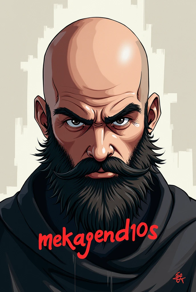 Bald guy with anime-style beard that says MEKAG0END10S
