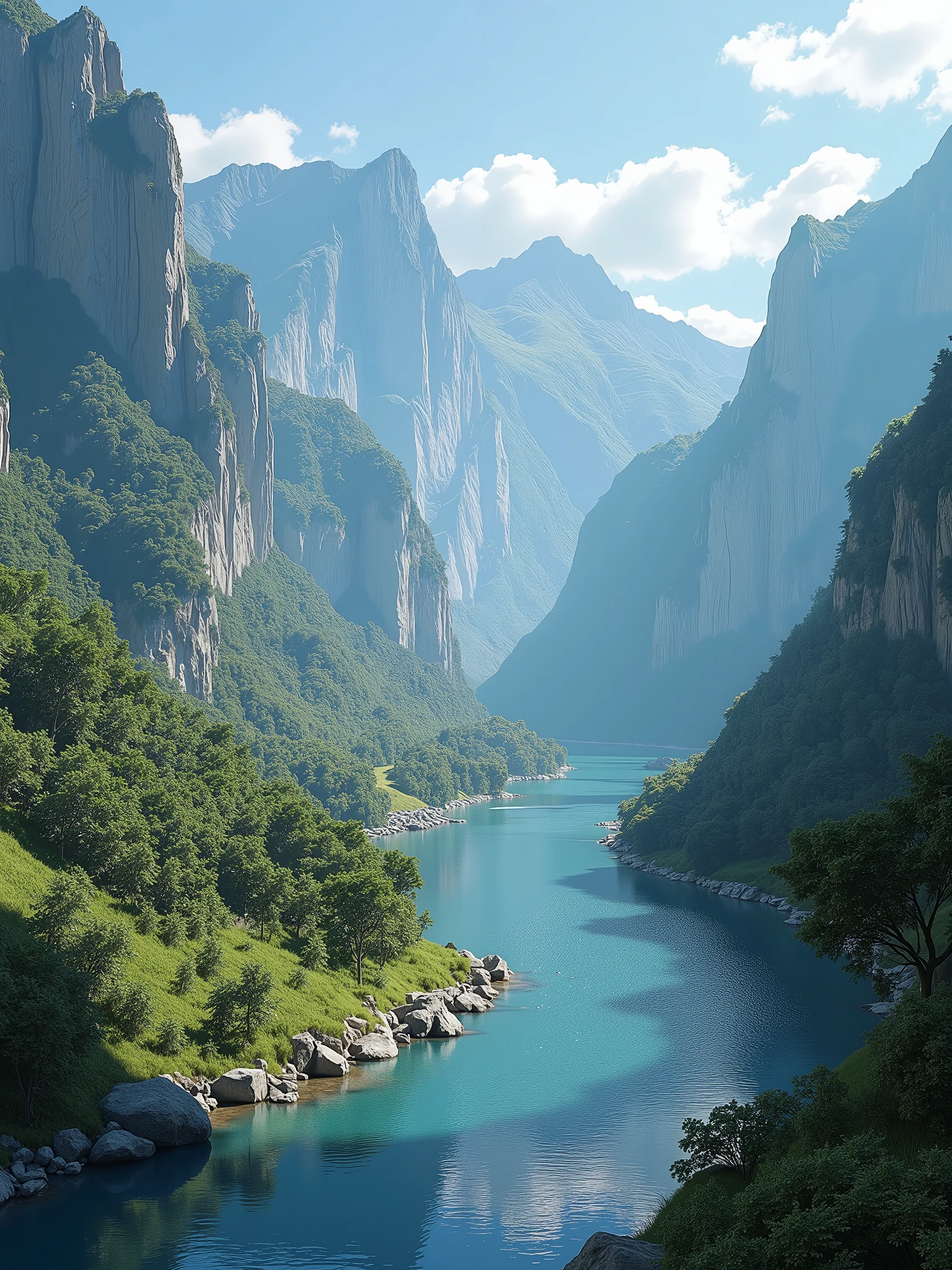 a river valley surrounded by high mountains full of vegetation