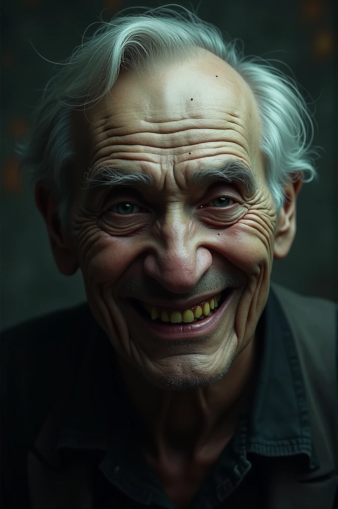 An old man smiling. And their smile is very creepy. Make that image dark.