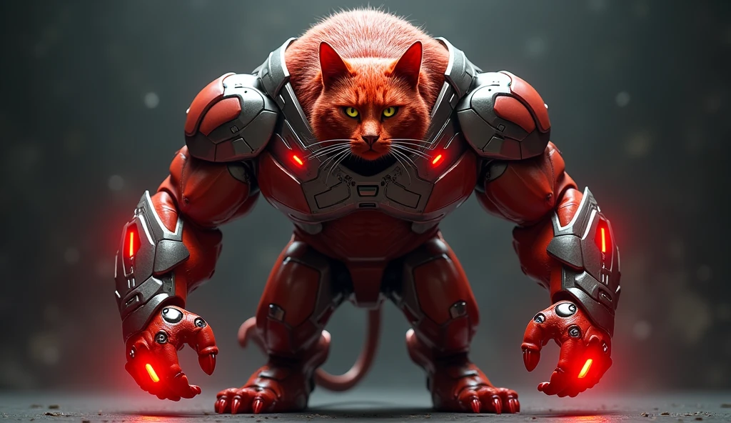 A burly red cat shaped like Iron man, add a red light effect on each side of its body 