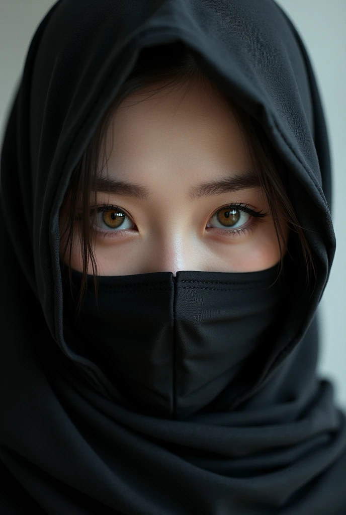Russian korean girl with beaut Eyes while her face hidden by black a mask