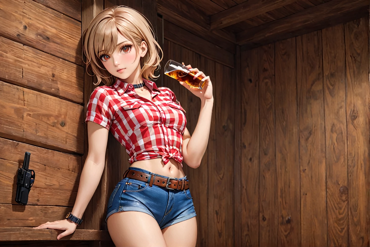 (((1 female:2.0))),(((NSFW:0.5))),(((Wearing denim hot pants:1.5))),(((Wear a red checked short-sleeved collared shirt:1.5))),(((Wear a gun belt with a holster:1.8))),((Put the watch on your wrist:1.5))),(((Exposed thin inner thighs))),(((Small breasts:1.5))),(((Navel exposed:1.5))),(((Bare arms))),(((Put your boots on:1.5))),((Blushed:1.8)), Beautiful detailed, Very detailed目と顔, 緻密でBeautiful Eyes, Very detailed, High resolution, Highest quality, masterpiece, Very detailed, 8k wallpaper, wonderful, finely, Highest quality,(Standing in front of a wooden wall),Beautiful Eyes,((Engage your audience:1.2))),((Drinking whiskey:1.0)),(((Strong drunk:1.6)))