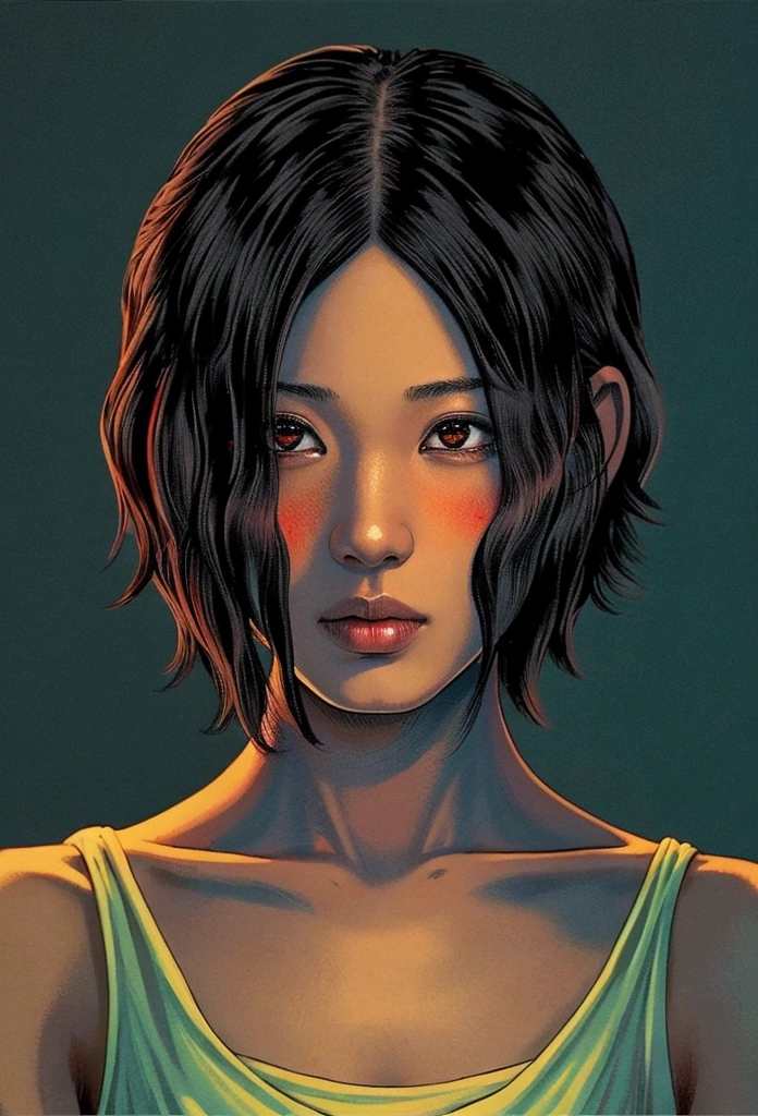 Cut your hair short、Dark-skinned tomboy, An illustration:Aoi Studio、Masaaki Komori, Very detailed, Neon Light, Cinema Lighting, Matte Paint, Painted in oil painting style, Talked about at the art station, modern art, Surreal and dreamy atmosphere.
