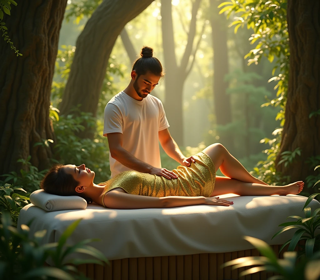 against the backdrop of a magical forest stands a massage table, there is a woman lying on it, dressed in a gold T-shirt, next to it is (One) male massage therapist, gives her a back massage