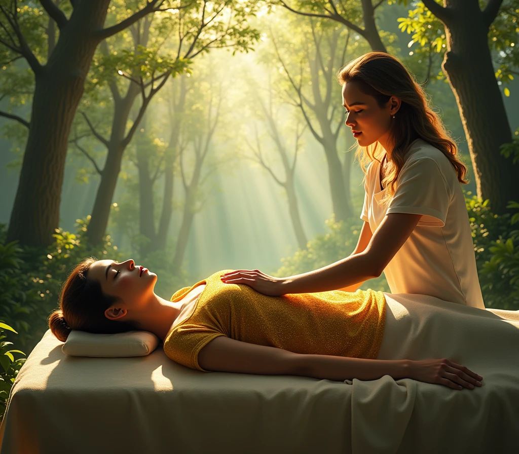 against the backdrop of a magical forest stands a massage table, there is a woman lying on it, dressed in a gold T-shirt, next to it is (One) male massage therapist, gives her a back massage