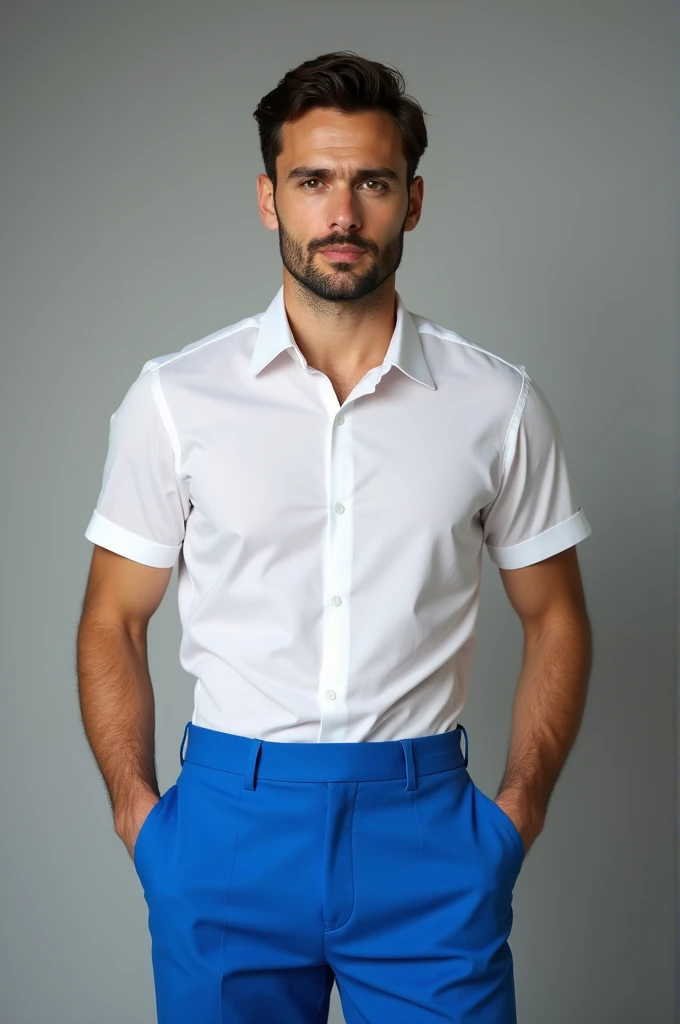 Men's executive uniform with white shirt, short sleeves and high-waisted cyan blue trousers