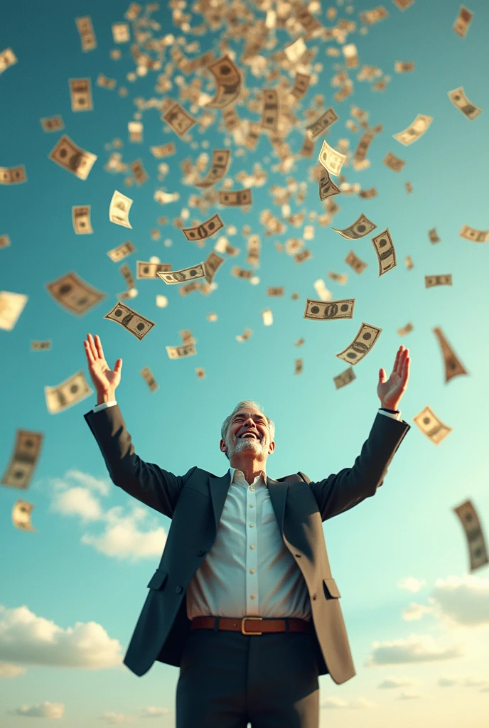 The money is falling from the sky like rain and a man is enjoying the money rain