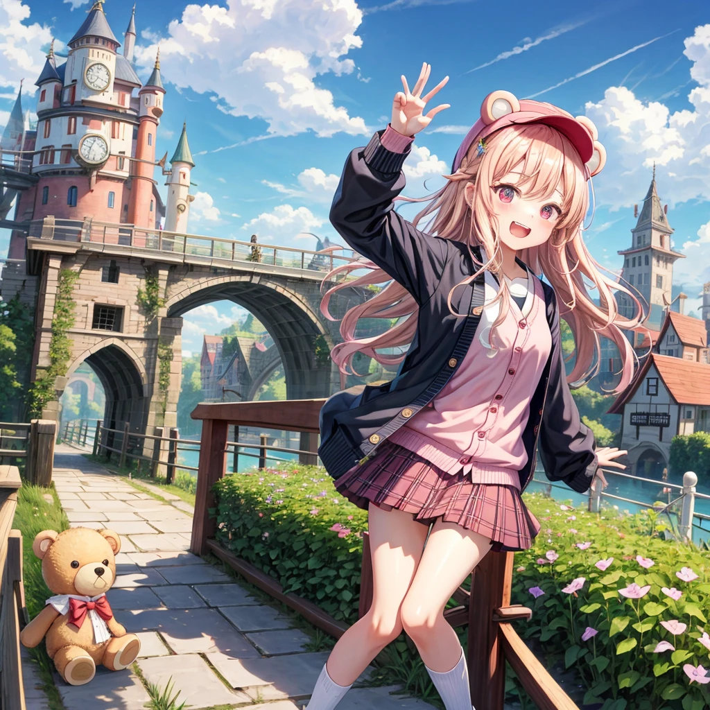 Pink Blonde、Red eyes、Wavy Hair、Hair tied up、Two cute、Checked mini skirt、black t-shirts、cardigan、Knee-high socks、bear ears baseball cap、Teeth are visible、Monster Castle、Tilting face、crossing the bridge、hazakura、windmill、grass、Stones are growing out of the ground.、Holding hands with a teddy bear、Morning glory is blooming.、In front of the city gates、clock、Underground tunnels、Waterway、Small boat