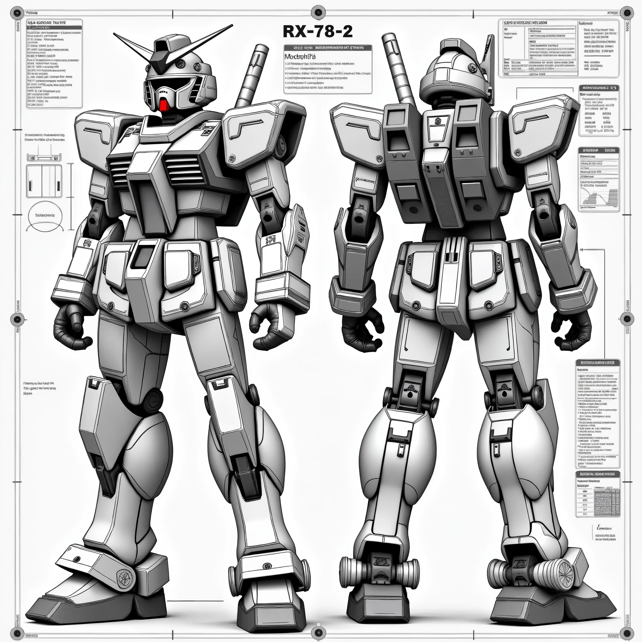 (masterpiece:1.2,Exceptional Quality,mirror-like,Cinematic Experience,Photorealistic:2.0,RAW Photos:2.0,Super detailed),8k,wallpaper,,(Writing with pencil:2.0),(Hard Edge:2.0),(Robot blueprint:2.0),(Draw the front and back views:2.0),(機動戦士Gundam:2.0),(Gundam),(RX78-2:2.0),(Twin Eye:2.0),(Avant-garde mechanical design:2.0),(Drawing detailed blueprints:2.0),(Numerous notes about the settings:2.0)