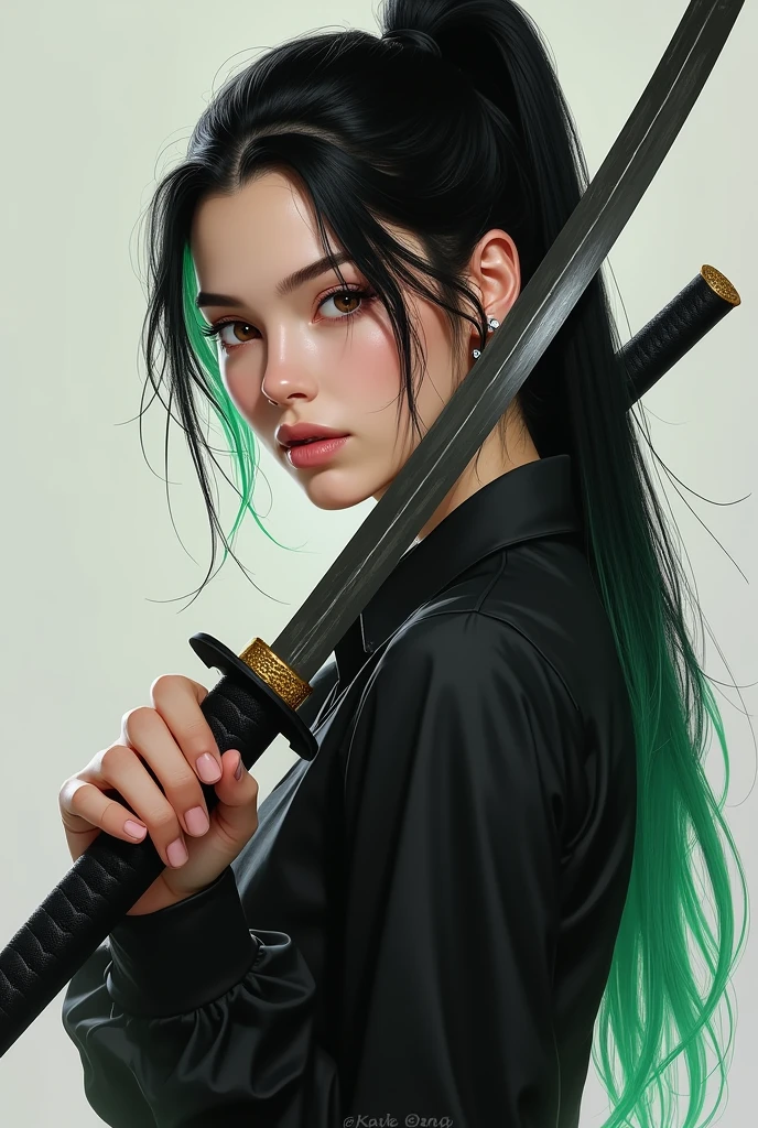 Fille réaliste avec une chemise noire, cheveux long attaché noir avec des pointes vertes, avec un katana à la main, piercing au nez