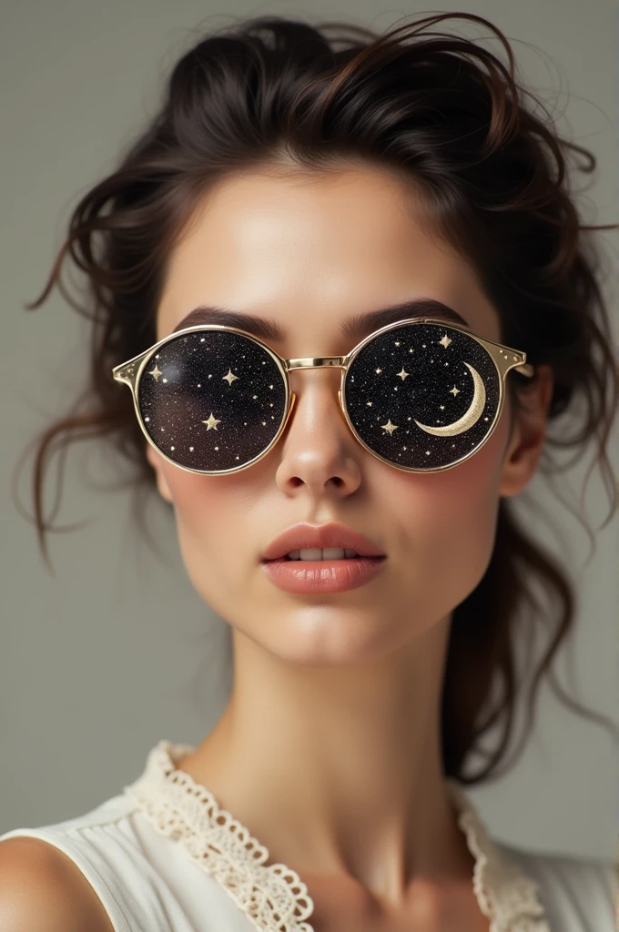 The model is wearing glass sunglasses with stars and the moon on the glass