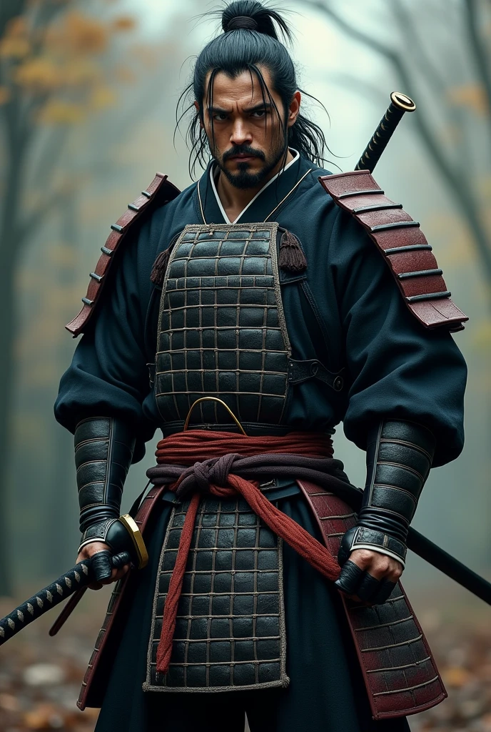 samurai warrior, ((masterpiece, highest quality, Highest image quality, High resolution, Raw photo, 8K)), ((Extremely detailed CG unified 8k wallpaper)), (huge stunning warrior shot, full body, musclural body beauty:1.4), black hair, black hair, nervous, Posing for the camera, In a warrior fighting stance, stern expression, unkempt hair, and wearing traditional samurai attire. He carried two swords—a katana and a wakizashi—and had a rugged, battle-hardened look., photorealistic, 16k, 8k, 4K, award winning