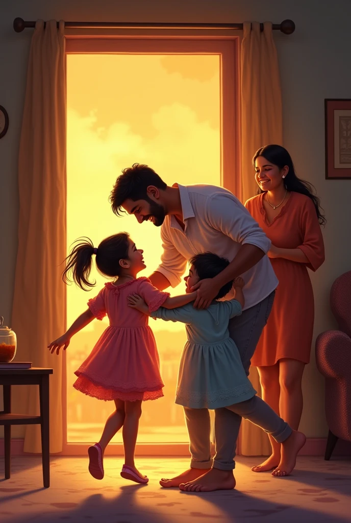 Shahid returns home in the evening, and Anaya and Sameer run towards him with open arms. He bends down to hug them both, with a loving smile on his face. Zeenat watches them lovingly from the doorway.