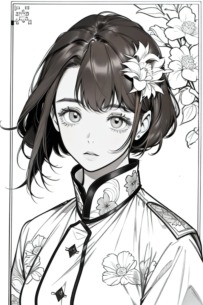 As a coloring book, white and black color, borders should be simple, clear, distinct, and thick lines, By Cartoon picture book of a beautiful Asian girl with short brown hair, best quality, high resolution, detailed background, high contrast, 1 girl, close-up of the head, floral background, clean line drawings