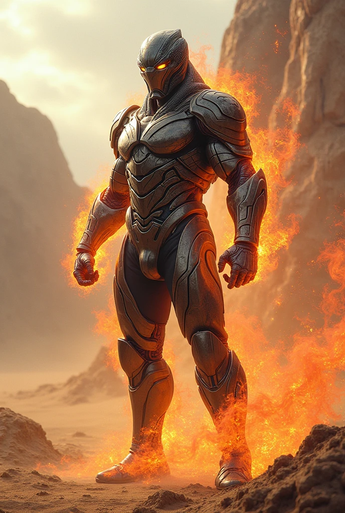 Create superhero with suit full body armour look alike kamen rider with snake element smoke effect background at desert snake skin lava effect on suit fighting action