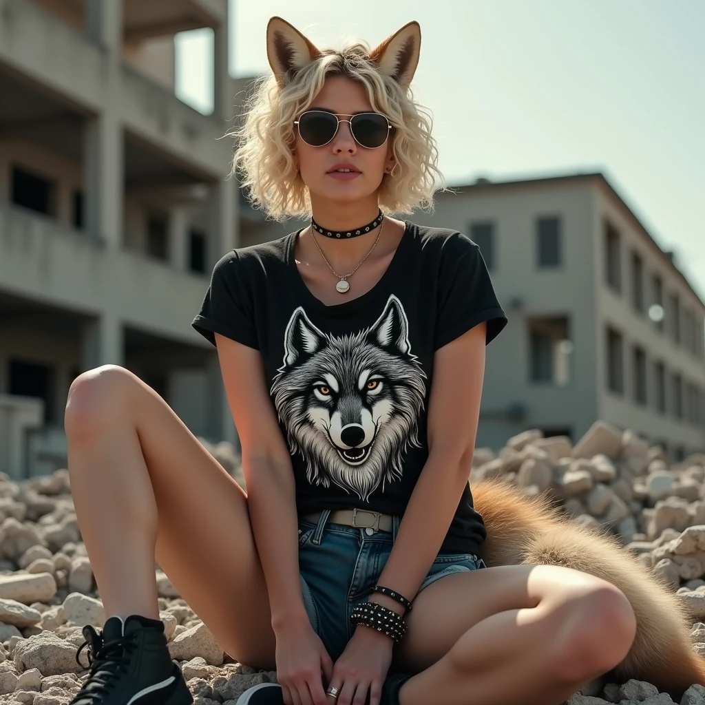 1 woman, Short curly blonde hair, athletic, big and toned legs, huge breasts, Black t-shirt above the navel with white wolf print, Sunglasses, fox ears, Fox tail, skinny jean shorts, black puma tennis shoes, spiked bracelet, dog collar on the neck, sitting on a pile of rubble, In the background an abandoned building