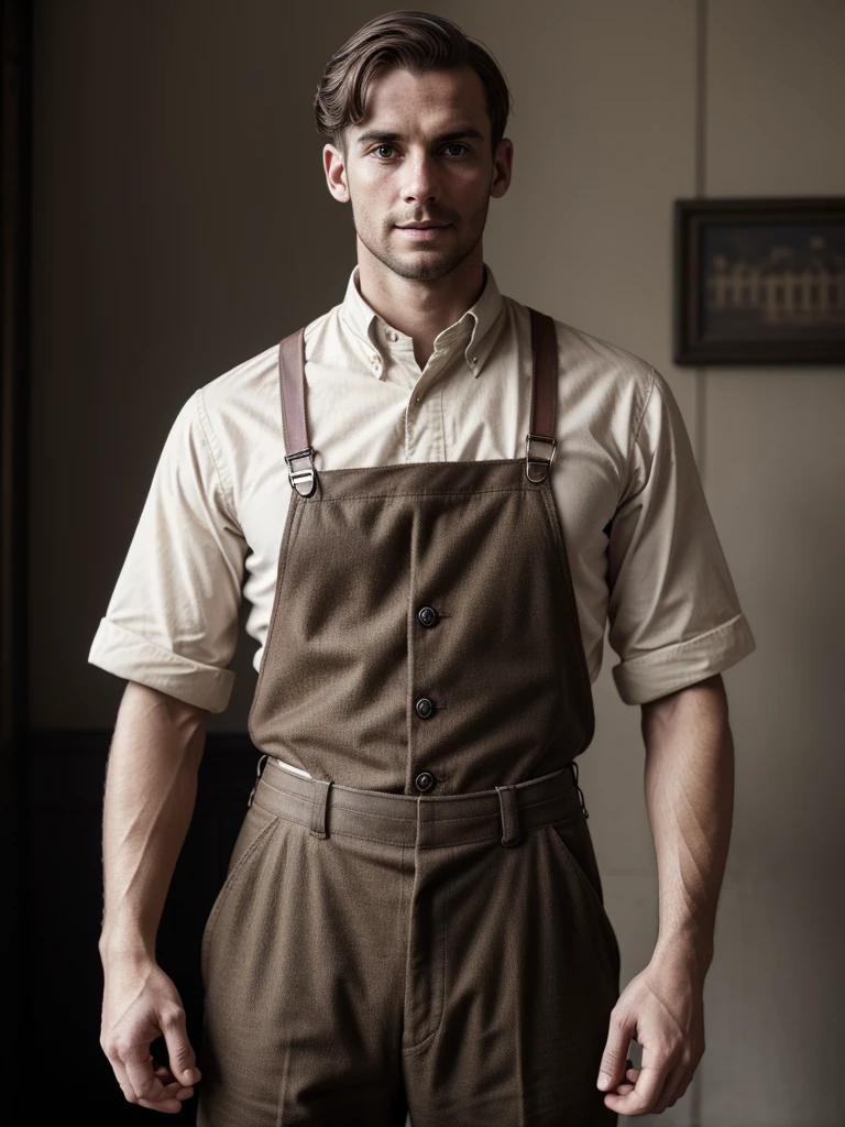 England、Industrial Revolution、1900s、male、whole body、Looking straight at the camera、Accurate depiction of limbs、Sepia、Long sleeve、Short sleeve、Slim figure、shirt、suspenders、laborer、